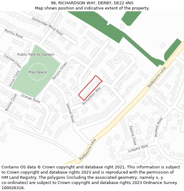 96, RICHARDSON WAY, DERBY, DE22 4NS: Location map and indicative extent of plot