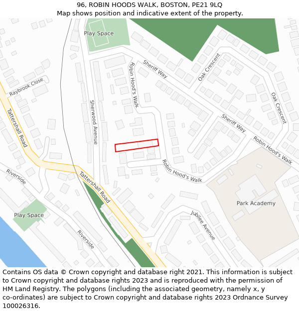 96, ROBIN HOODS WALK, BOSTON, PE21 9LQ: Location map and indicative extent of plot