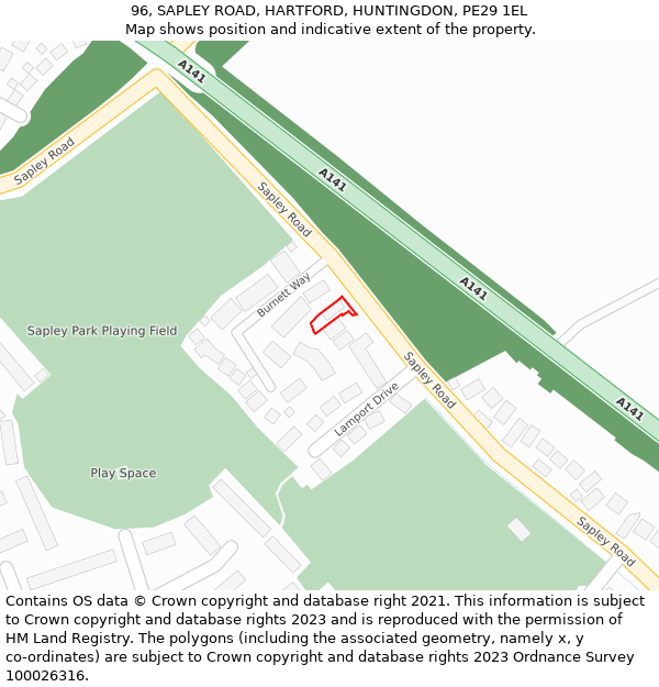 96, SAPLEY ROAD, HARTFORD, HUNTINGDON, PE29 1EL: Location map and indicative extent of plot