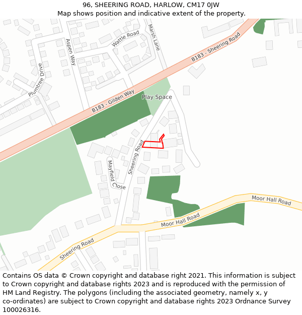 96, SHEERING ROAD, HARLOW, CM17 0JW: Location map and indicative extent of plot