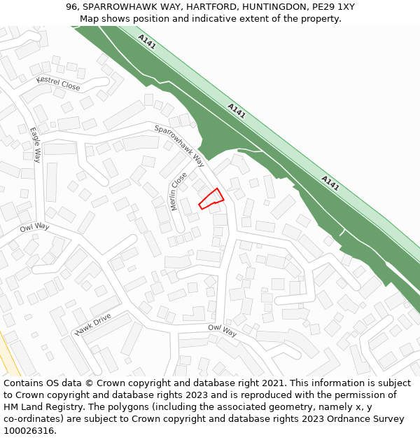 96, SPARROWHAWK WAY, HARTFORD, HUNTINGDON, PE29 1XY: Location map and indicative extent of plot