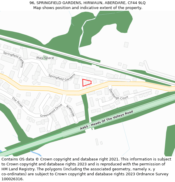 96, SPRINGFIELD GARDENS, HIRWAUN, ABERDARE, CF44 9LQ: Location map and indicative extent of plot