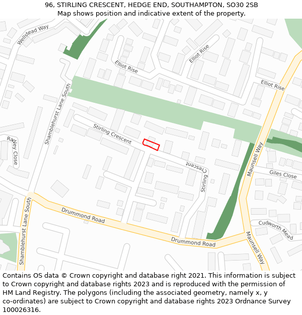 96, STIRLING CRESCENT, HEDGE END, SOUTHAMPTON, SO30 2SB: Location map and indicative extent of plot