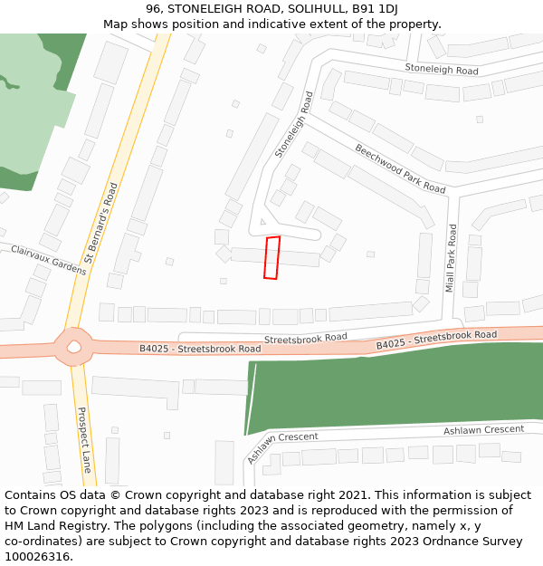 96, STONELEIGH ROAD, SOLIHULL, B91 1DJ: Location map and indicative extent of plot