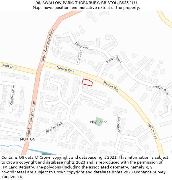 96, SWALLOW PARK, THORNBURY, BRISTOL, BS35 1LU: Location map and indicative extent of plot