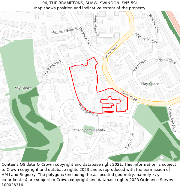 96, THE BRAMPTONS, SHAW, SWINDON, SN5 5SL: Location map and indicative extent of plot