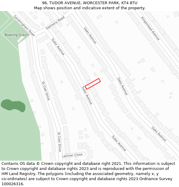 96, TUDOR AVENUE, WORCESTER PARK, KT4 8TU: Location map and indicative extent of plot