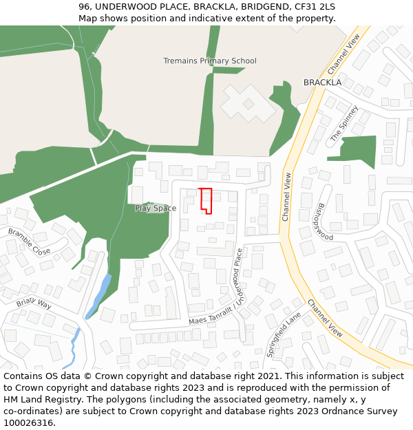 96, UNDERWOOD PLACE, BRACKLA, BRIDGEND, CF31 2LS: Location map and indicative extent of plot