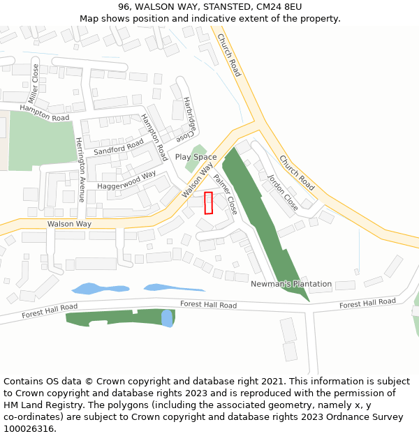 96, WALSON WAY, STANSTED, CM24 8EU: Location map and indicative extent of plot