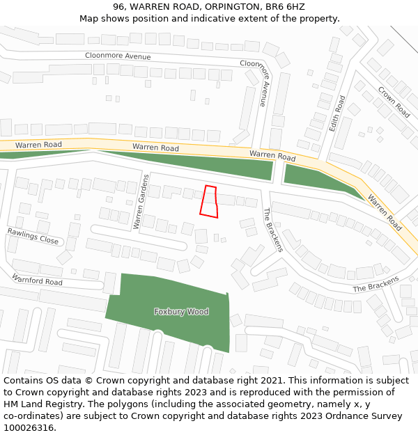 96, WARREN ROAD, ORPINGTON, BR6 6HZ: Location map and indicative extent of plot