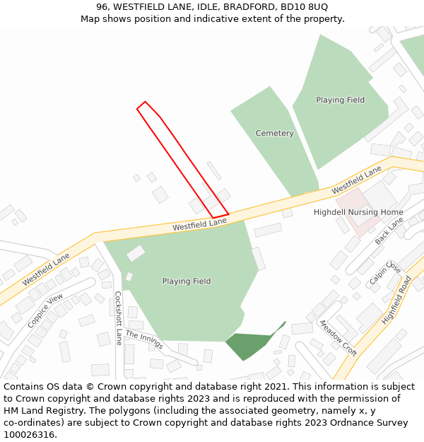 96, WESTFIELD LANE, IDLE, BRADFORD, BD10 8UQ: Location map and indicative extent of plot