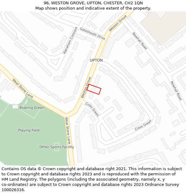 96, WESTON GROVE, UPTON, CHESTER, CH2 1QN: Location map and indicative extent of plot