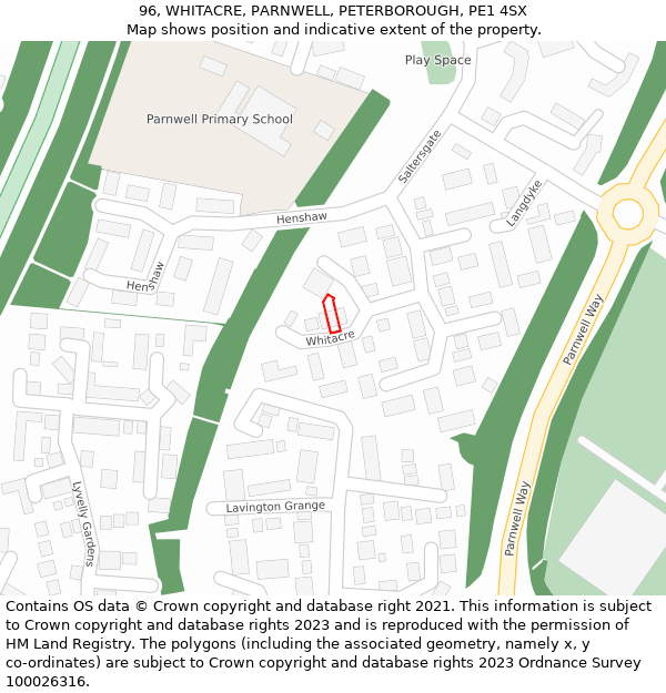 96, WHITACRE, PARNWELL, PETERBOROUGH, PE1 4SX: Location map and indicative extent of plot