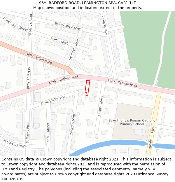 96A, RADFORD ROAD, LEAMINGTON SPA, CV31 1LE: Location map and indicative extent of plot