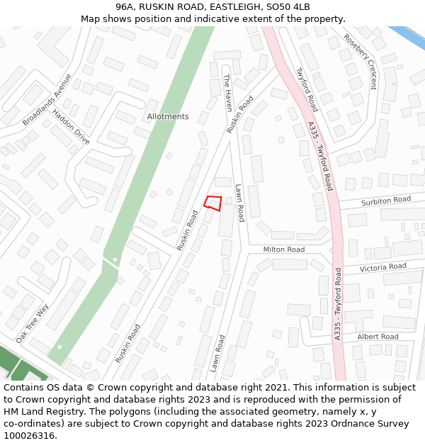 96A, RUSKIN ROAD, EASTLEIGH, SO50 4LB: Location map and indicative extent of plot