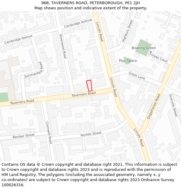 96B, TAVERNERS ROAD, PETERBOROUGH, PE1 2JH: Location map and indicative extent of plot