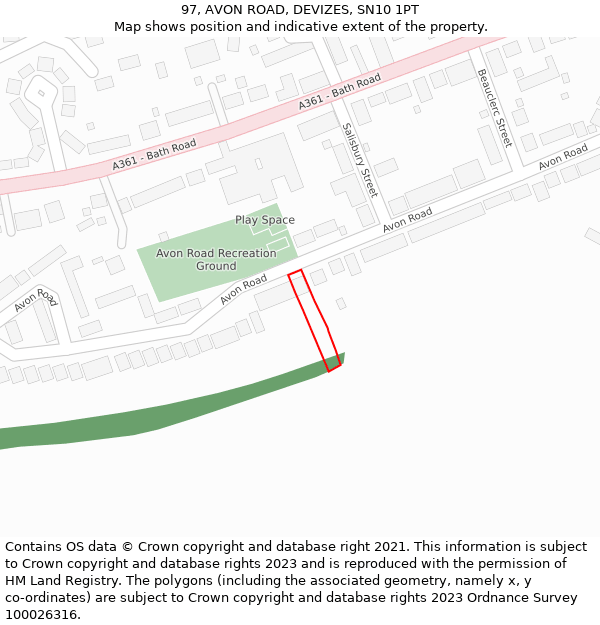 97, AVON ROAD, DEVIZES, SN10 1PT: Location map and indicative extent of plot