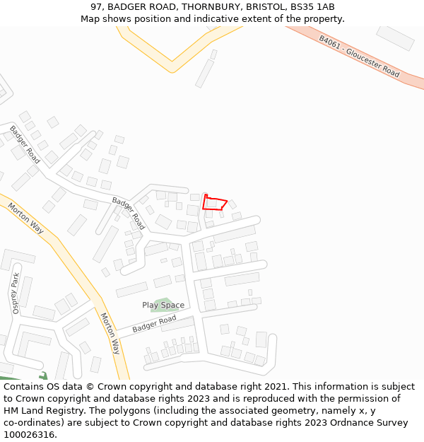 97, BADGER ROAD, THORNBURY, BRISTOL, BS35 1AB: Location map and indicative extent of plot