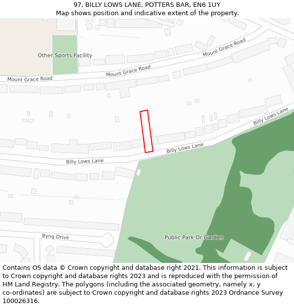 97, BILLY LOWS LANE, POTTERS BAR, EN6 1UY: Location map and indicative extent of plot