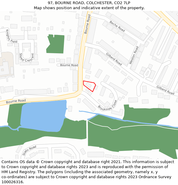 97, BOURNE ROAD, COLCHESTER, CO2 7LP: Location map and indicative extent of plot