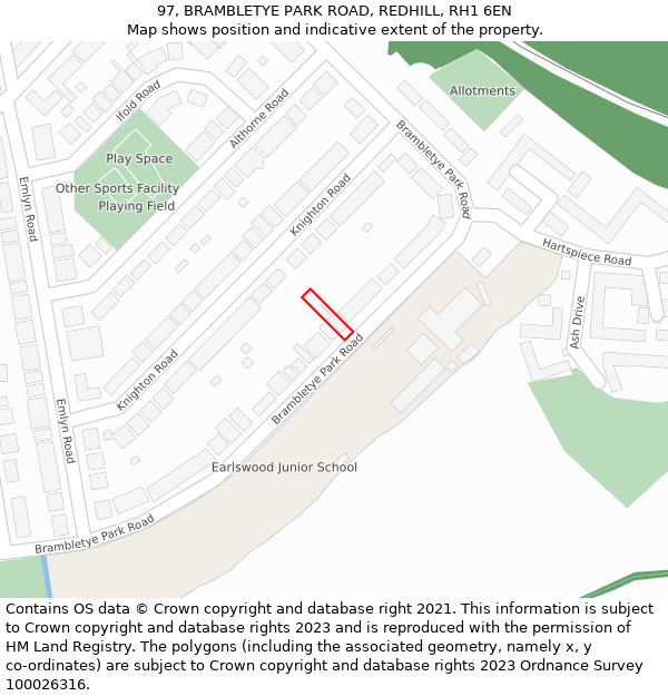 97, BRAMBLETYE PARK ROAD, REDHILL, RH1 6EN: Location map and indicative extent of plot