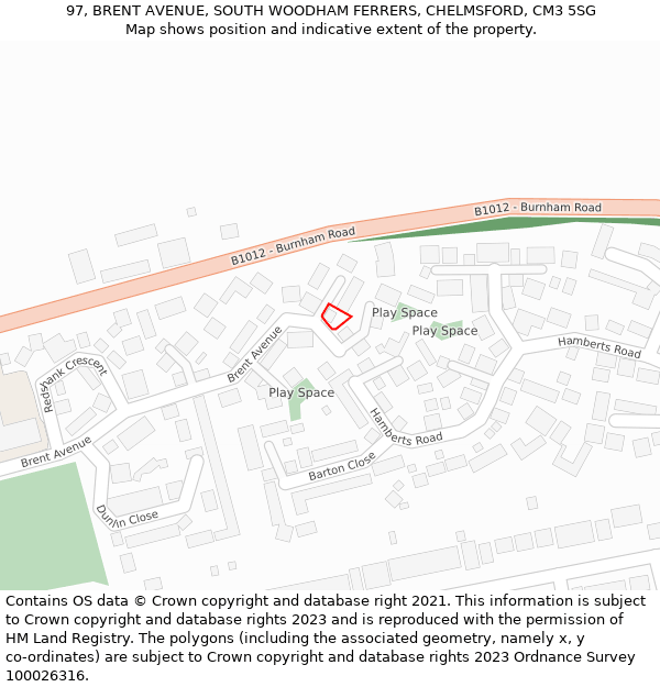 97, BRENT AVENUE, SOUTH WOODHAM FERRERS, CHELMSFORD, CM3 5SG: Location map and indicative extent of plot