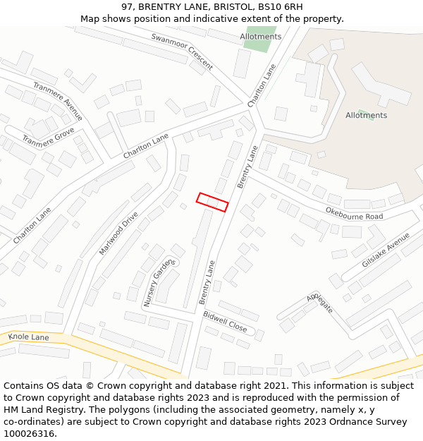 97, BRENTRY LANE, BRISTOL, BS10 6RH: Location map and indicative extent of plot