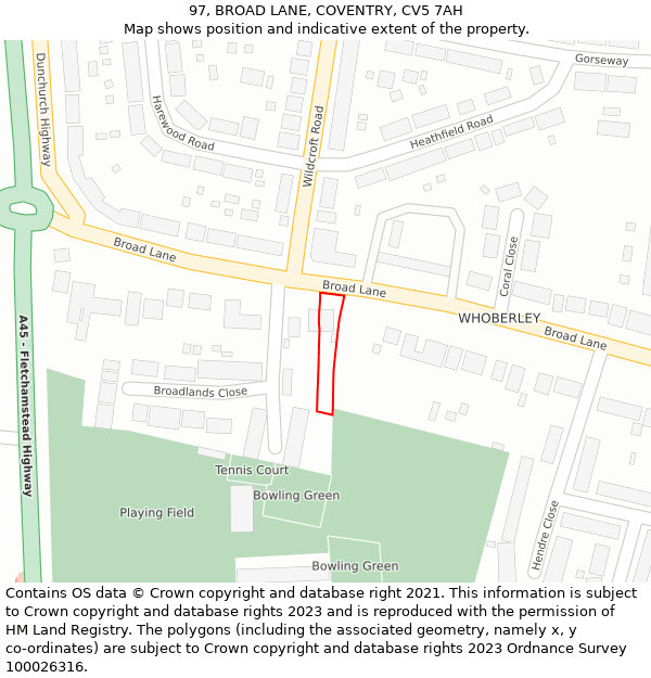 97, BROAD LANE, COVENTRY, CV5 7AH: Location map and indicative extent of plot