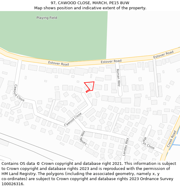 97, CAWOOD CLOSE, MARCH, PE15 8UW: Location map and indicative extent of plot