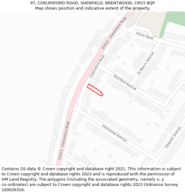 97, CHELMSFORD ROAD, SHENFIELD, BRENTWOOD, CM15 8QP: Location map and indicative extent of plot