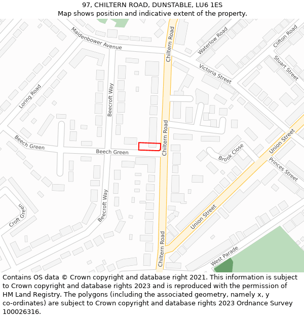 97, CHILTERN ROAD, DUNSTABLE, LU6 1ES: Location map and indicative extent of plot