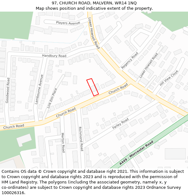 97, CHURCH ROAD, MALVERN, WR14 1NQ: Location map and indicative extent of plot