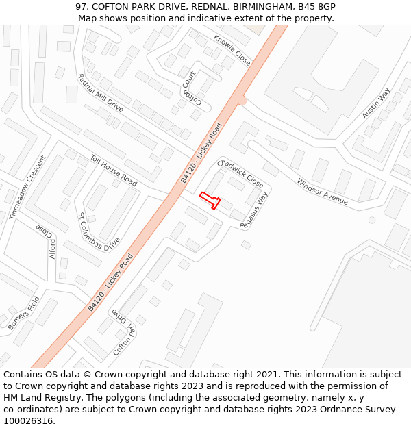 97, COFTON PARK DRIVE, REDNAL, BIRMINGHAM, B45 8GP: Location map and indicative extent of plot