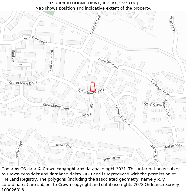 97, CRACKTHORNE DRIVE, RUGBY, CV23 0GJ: Location map and indicative extent of plot