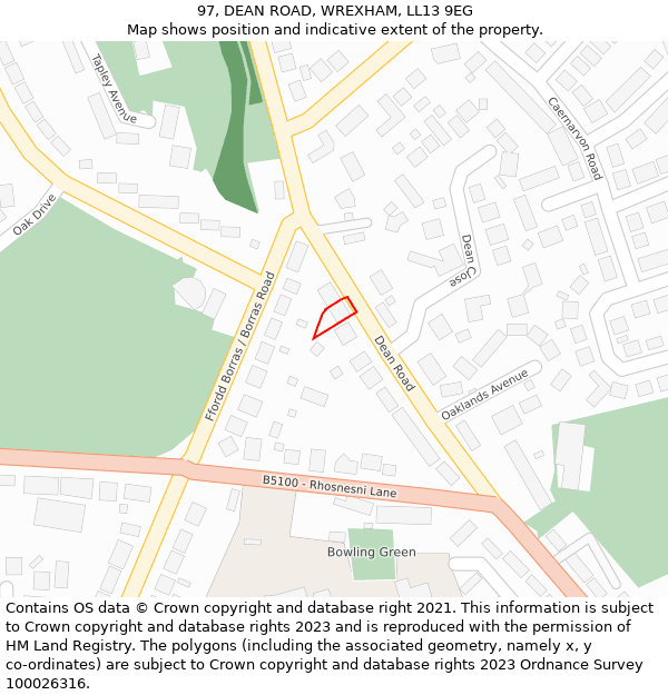 97, DEAN ROAD, WREXHAM, LL13 9EG: Location map and indicative extent of plot