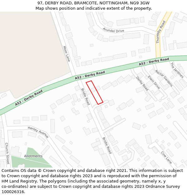 97, DERBY ROAD, BRAMCOTE, NOTTINGHAM, NG9 3GW: Location map and indicative extent of plot