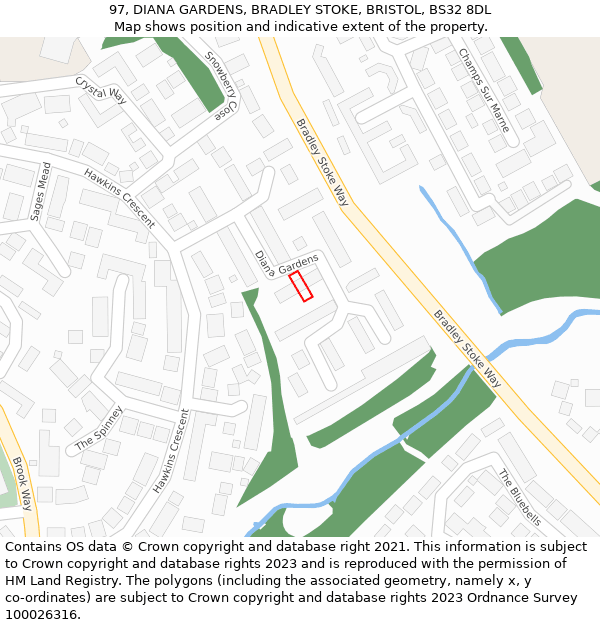 97, DIANA GARDENS, BRADLEY STOKE, BRISTOL, BS32 8DL: Location map and indicative extent of plot