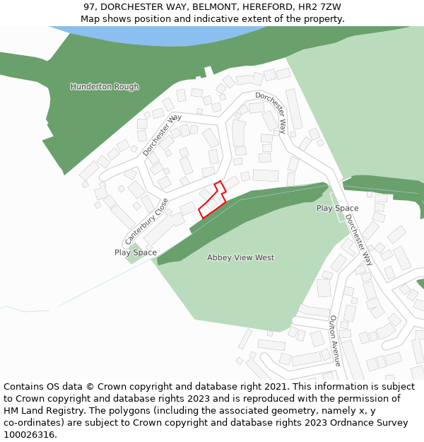 97, DORCHESTER WAY, BELMONT, HEREFORD, HR2 7ZW: Location map and indicative extent of plot