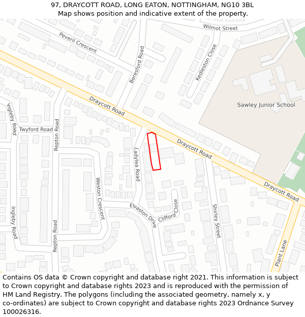 97, DRAYCOTT ROAD, LONG EATON, NOTTINGHAM, NG10 3BL: Location map and indicative extent of plot