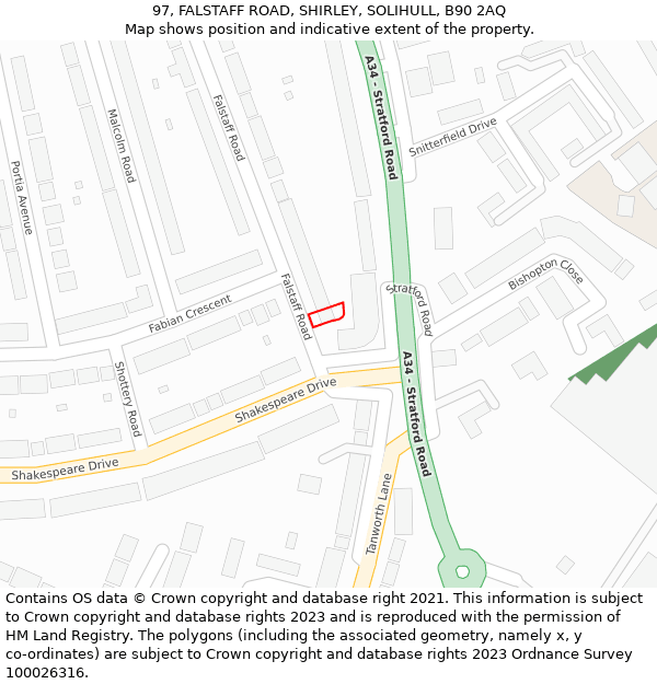 97, FALSTAFF ROAD, SHIRLEY, SOLIHULL, B90 2AQ: Location map and indicative extent of plot