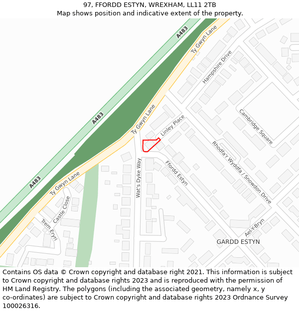 97, FFORDD ESTYN, WREXHAM, LL11 2TB: Location map and indicative extent of plot