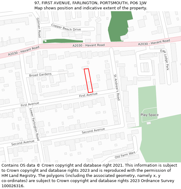 97, FIRST AVENUE, FARLINGTON, PORTSMOUTH, PO6 1JW: Location map and indicative extent of plot