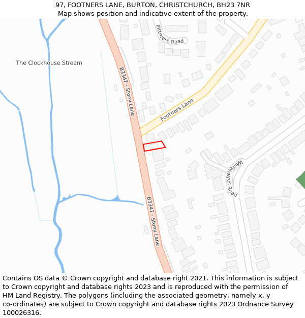 97, FOOTNERS LANE, BURTON, CHRISTCHURCH, BH23 7NR: Location map and indicative extent of plot