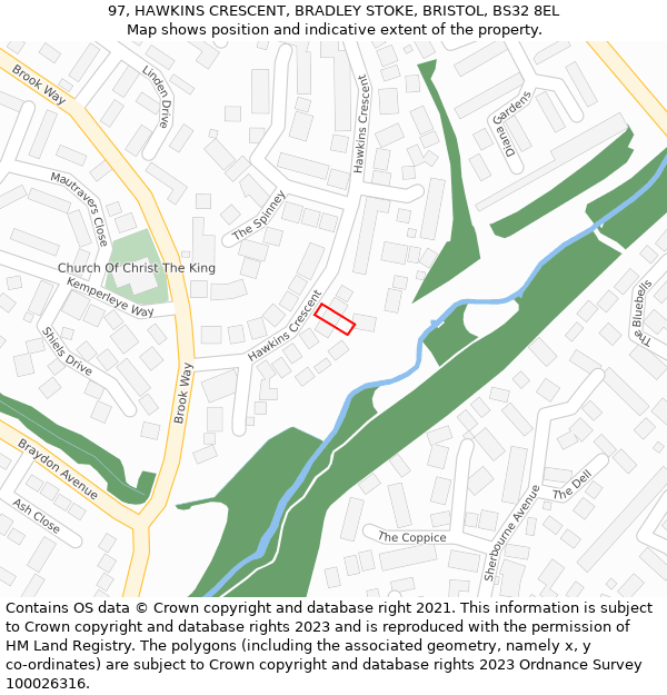 97, HAWKINS CRESCENT, BRADLEY STOKE, BRISTOL, BS32 8EL: Location map and indicative extent of plot