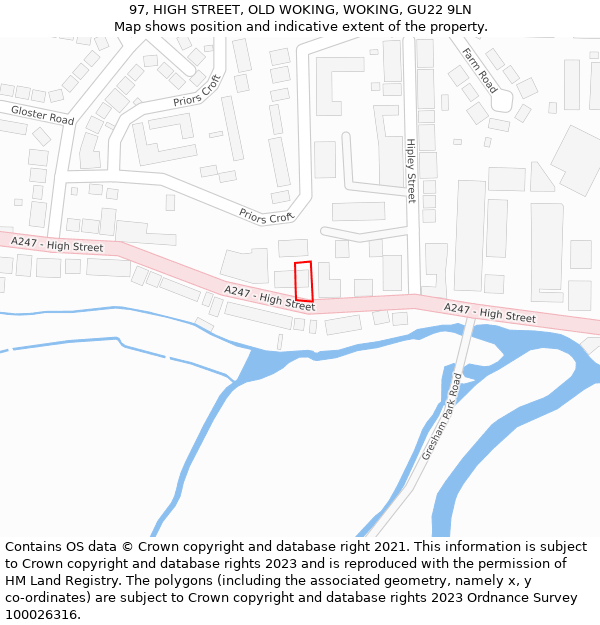 97, HIGH STREET, OLD WOKING, WOKING, GU22 9LN: Location map and indicative extent of plot