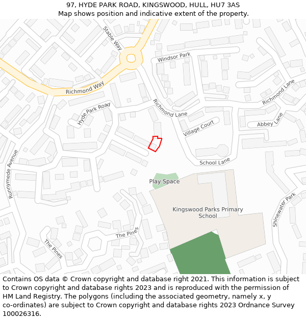 97, HYDE PARK ROAD, KINGSWOOD, HULL, HU7 3AS: Location map and indicative extent of plot