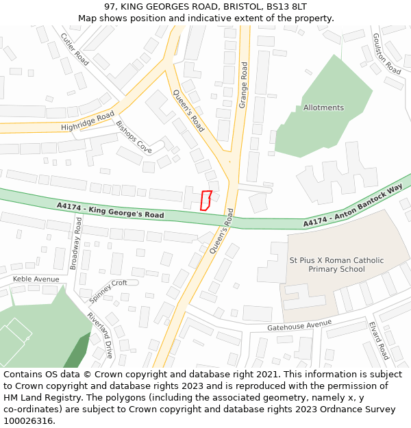 97, KING GEORGES ROAD, BRISTOL, BS13 8LT: Location map and indicative extent of plot