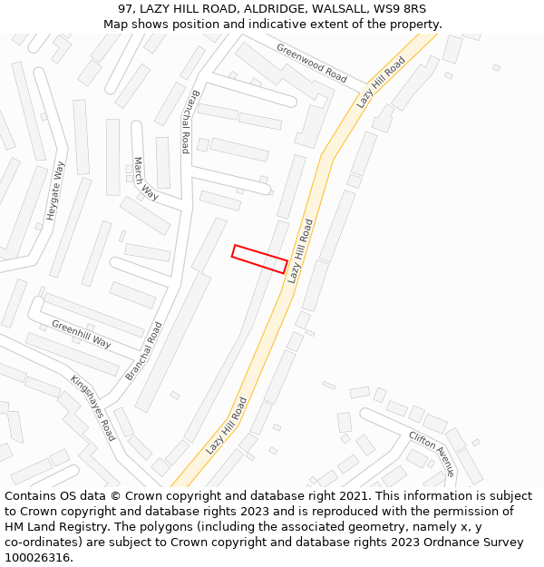 97, LAZY HILL ROAD, ALDRIDGE, WALSALL, WS9 8RS: Location map and indicative extent of plot