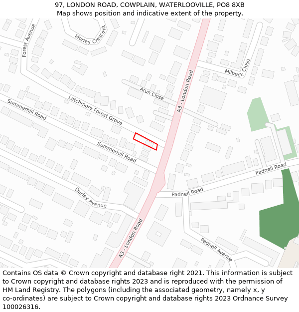 97, LONDON ROAD, COWPLAIN, WATERLOOVILLE, PO8 8XB: Location map and indicative extent of plot