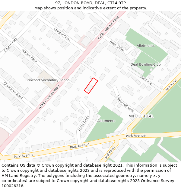 97, LONDON ROAD, DEAL, CT14 9TP: Location map and indicative extent of plot